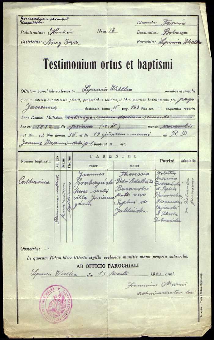 1812 Testimonium ortus et baptismi Catharina Grabczyńska