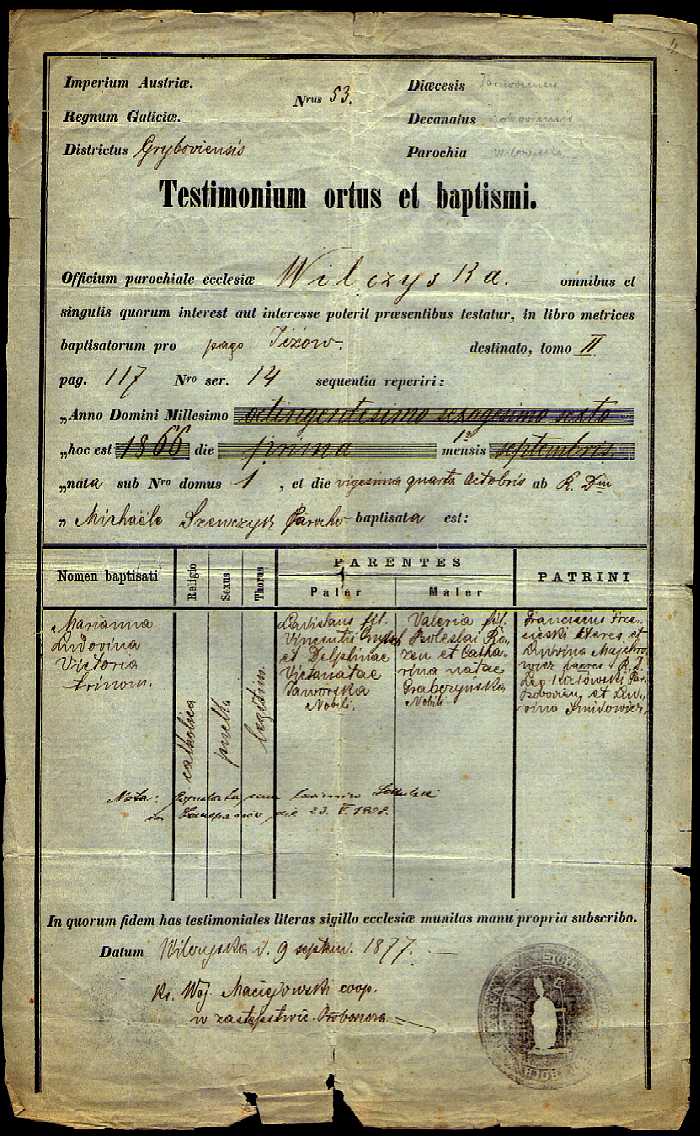 1866 Testimonium ortus et baptismi Maria Ludvina Victoria Onytsch