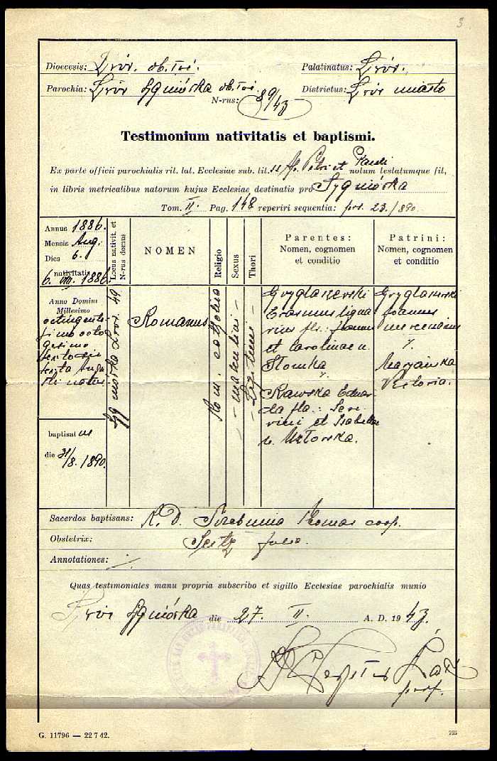 1886 Testimonium nativitatis et baptismi Romanus Gryglaszewski