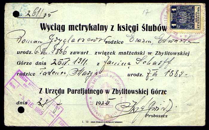 1911 Wyciąg metrykalny z księgi ślubów Romana Gryglaszewskiego i Janiny Scharff