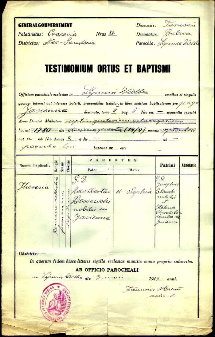 1780 Testimonium ortus et baptismi Theresia Bossowska