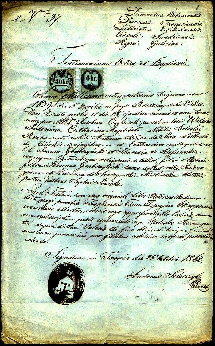 1839 Testimonium ortus et baptismi Valeria Antonina Catharina Rożen de Jaxa