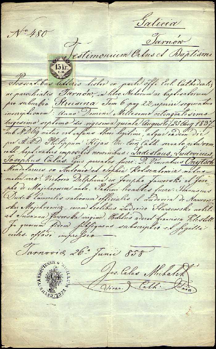 1837 Testimonium ortus et baptismi Ladislaus Ludovicus Josephus Calas Onytsch