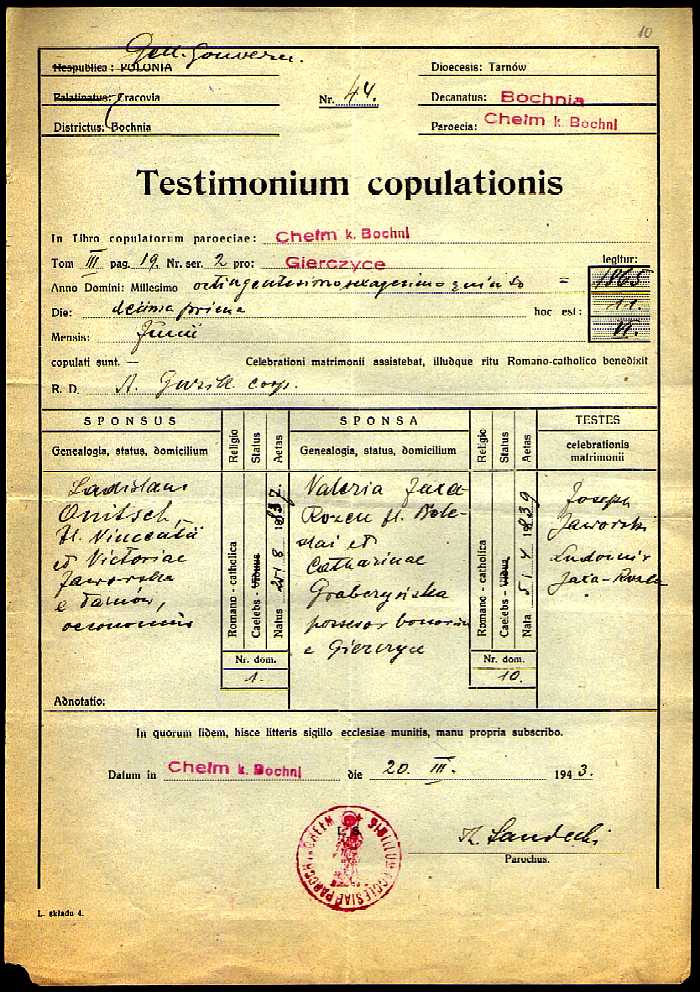 1865 Testimonium copulationis Ladislaus Onitsch et Valeria Jaxa Rożen